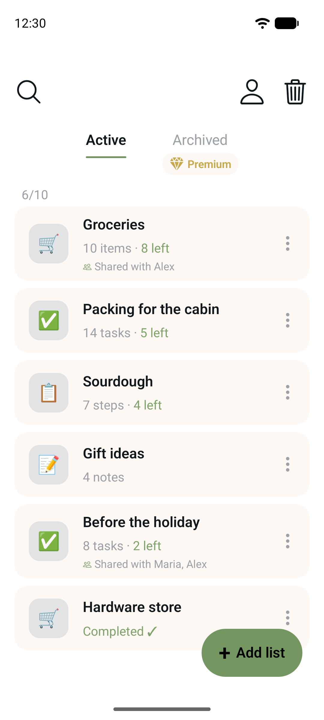 The Lists screen in Jotivo, showing a shopping list, a checklist, a step list and a notes list.