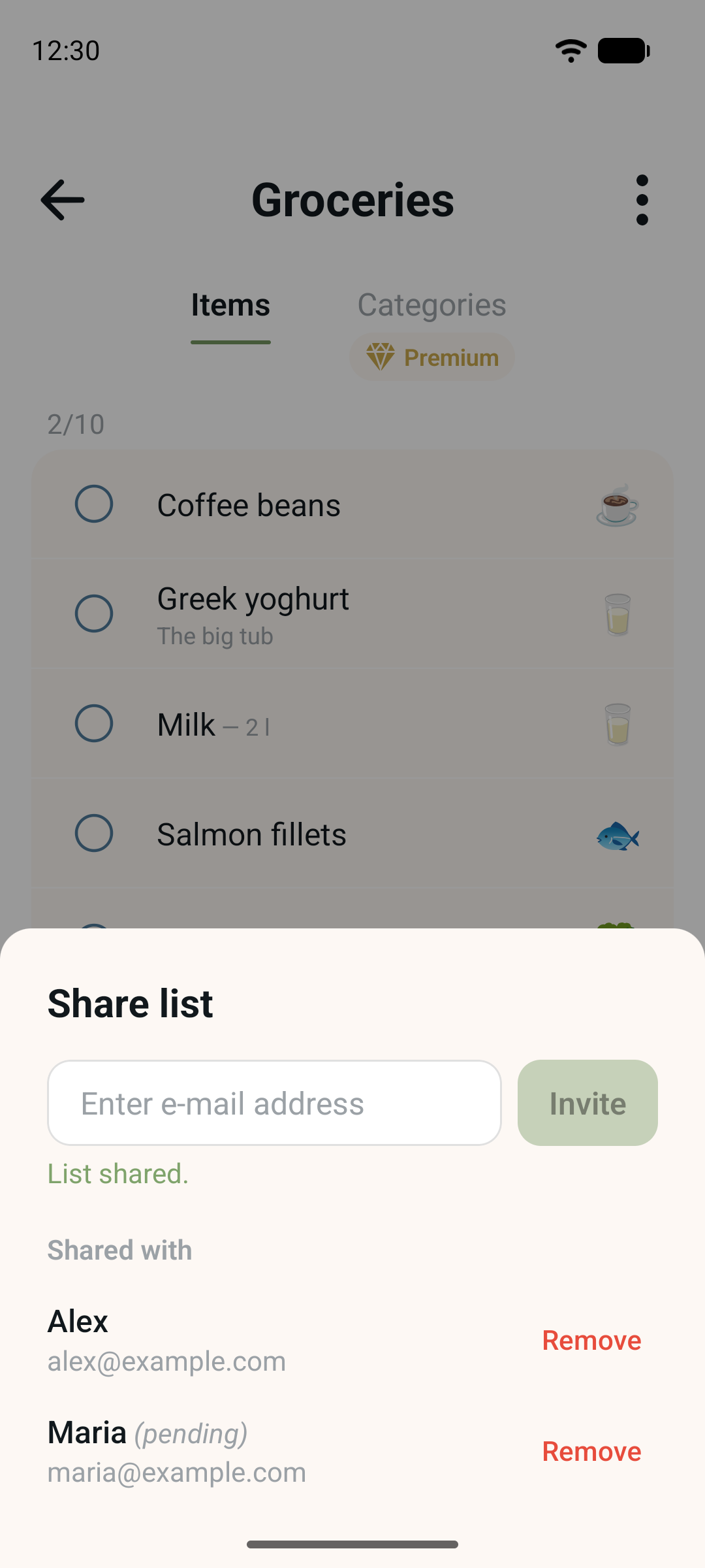 Sharing a list in Jotivo by entering another person's email address.