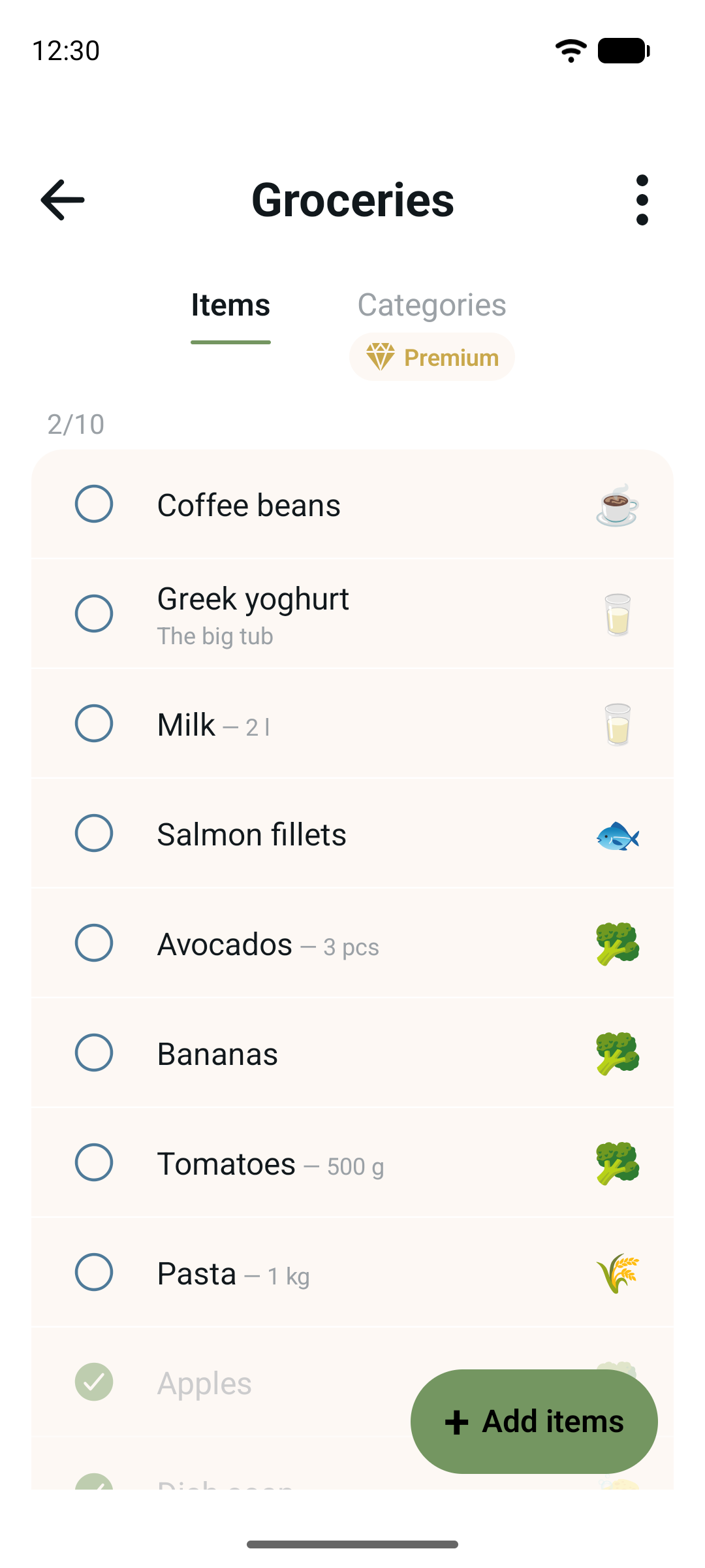 A shopping list in Jotivo with items grouped by category.