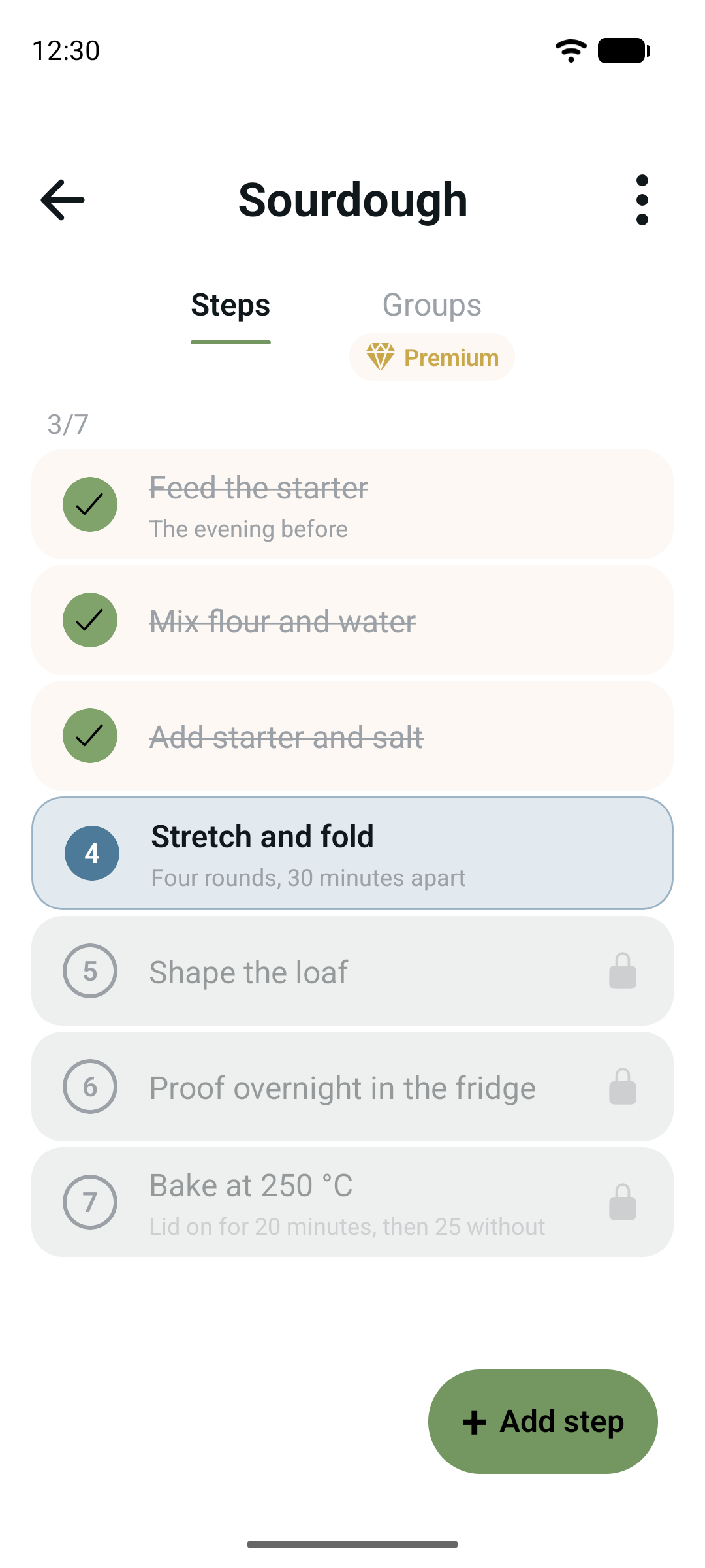 A step list in Jotivo with numbered steps. The first steps are checked off and the next one is ready.