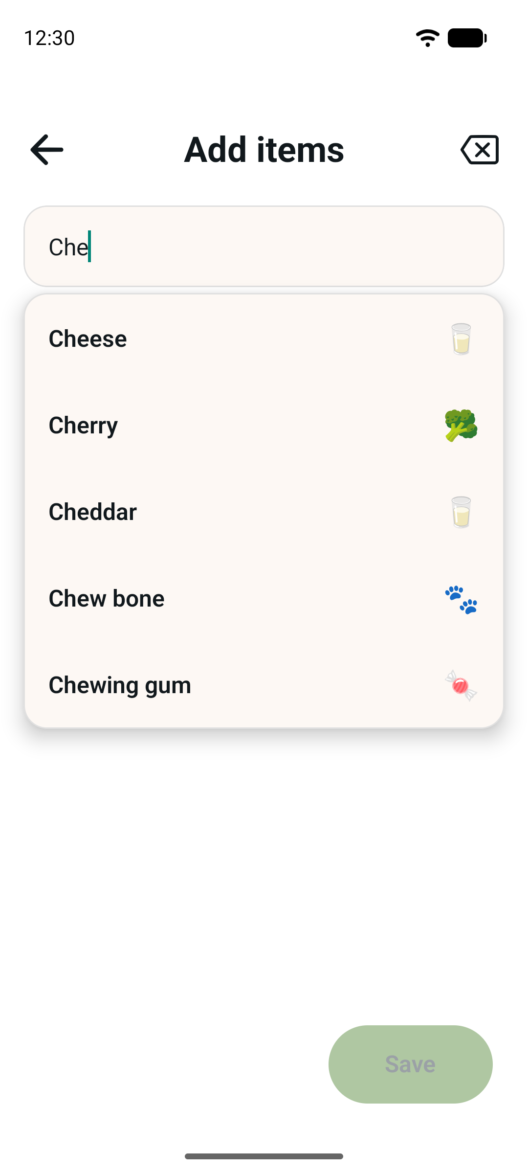 Adding an item to a shopping list in Jotivo. Typing shows matching suggestions with their categories.
